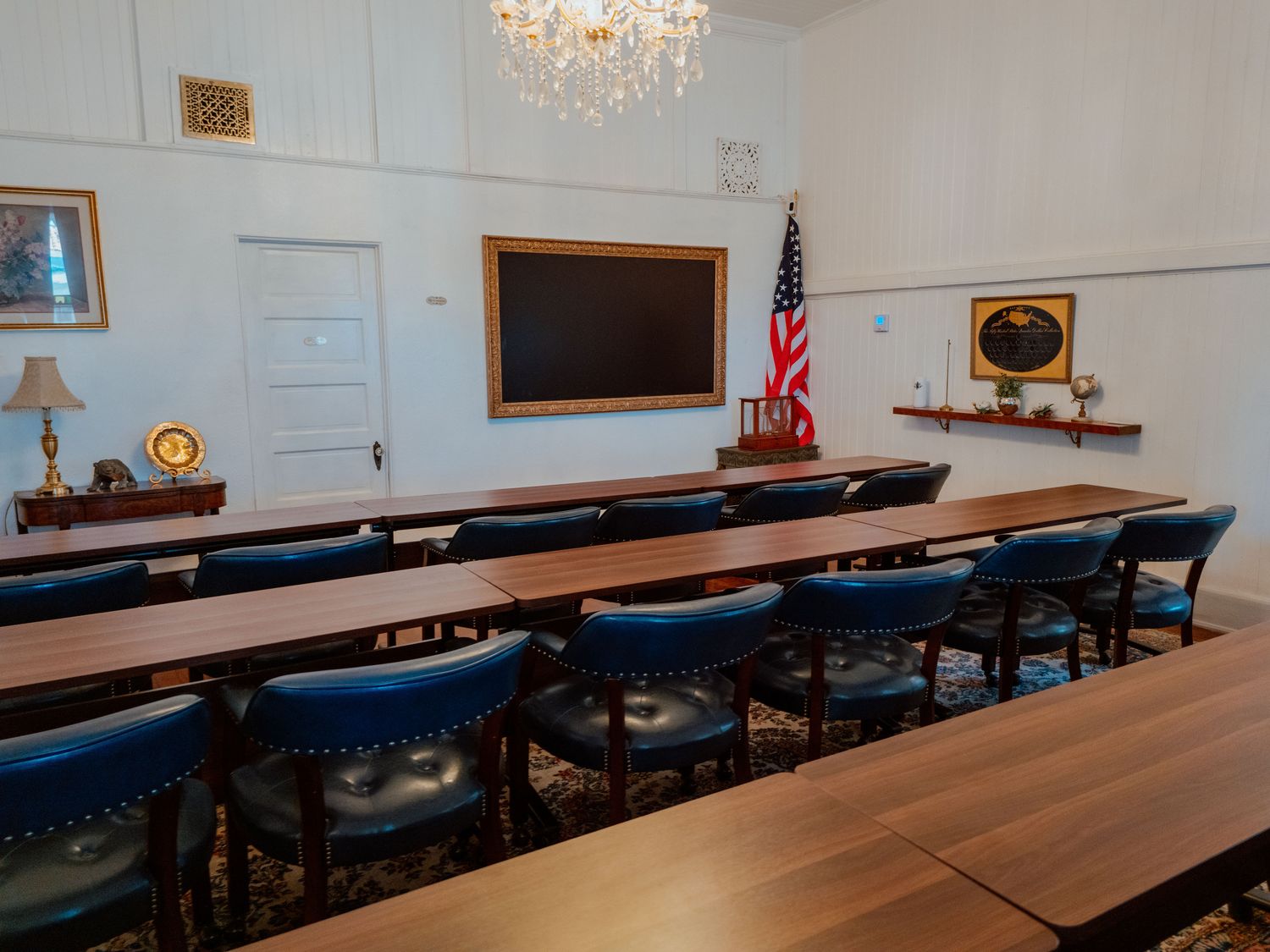 The Training Center from the back of the room, with the flag and the framed board