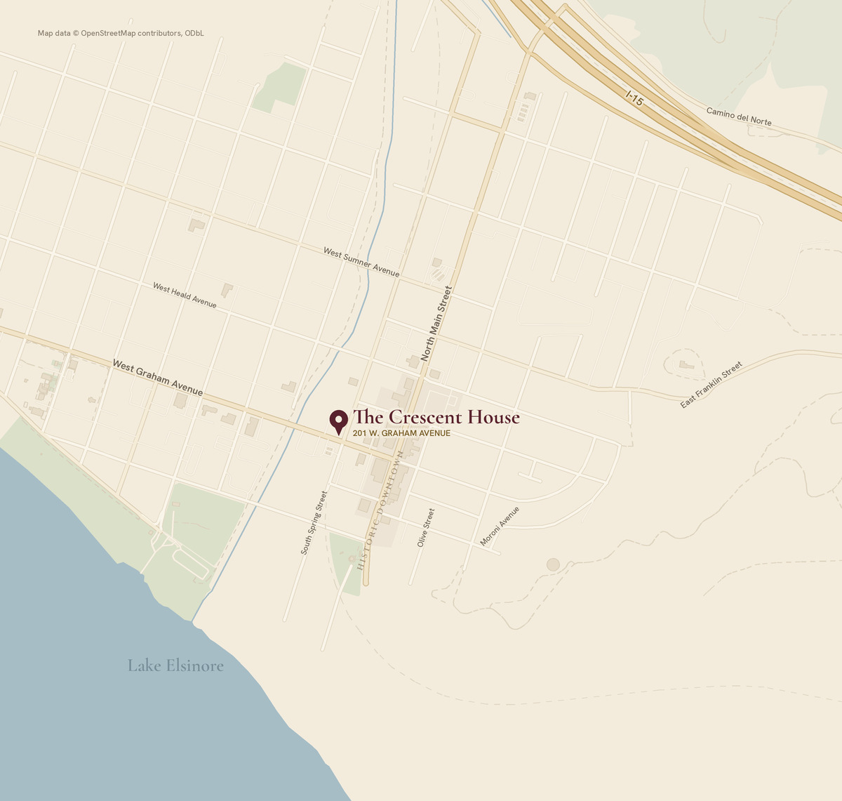 Map showing The Crescent House at 201 W. Graham Avenue in downtown Lake Elsinore, near Main Street and the lakefront