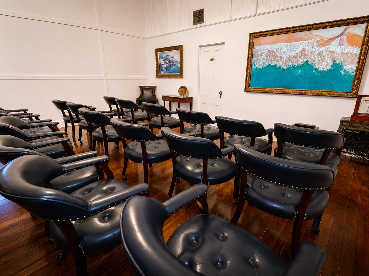 Rows of navy leather chairs on original hardwood, facing the front of the room