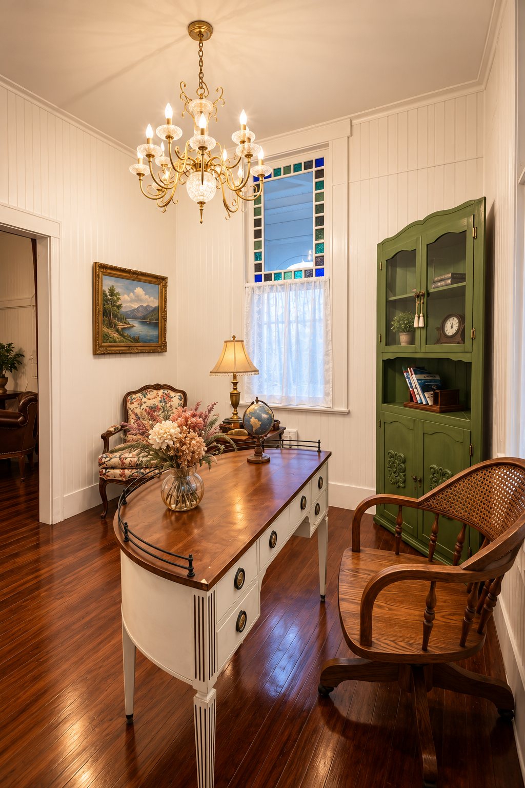 The Borsellino Travel office inside The Crescent House, with a chandelier, stained glass, and a period writing desk