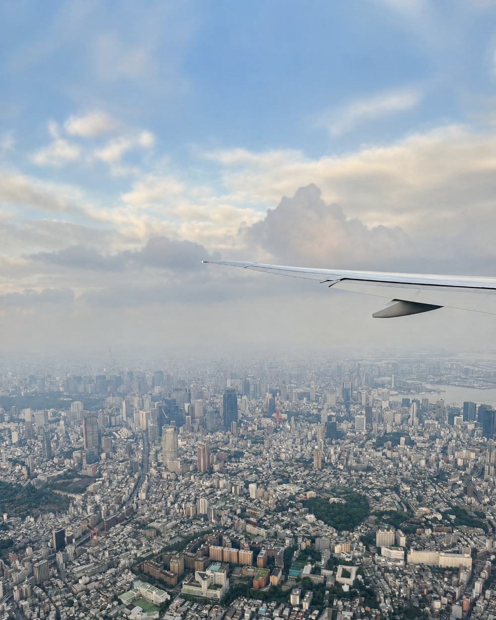 A city spread out far below the wing of an airliner at cruising altitude