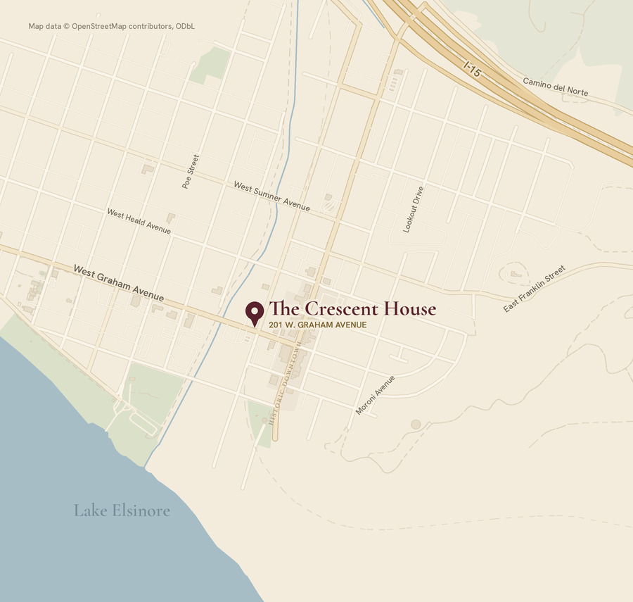 Map showing The Crescent House at 201 W. Graham Avenue in downtown Lake Elsinore, near Main Street and the lakefront