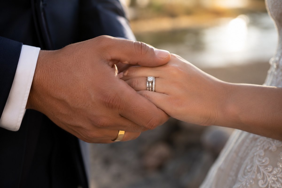 A close view of a couple's joined hands, both wearing their wedding rings