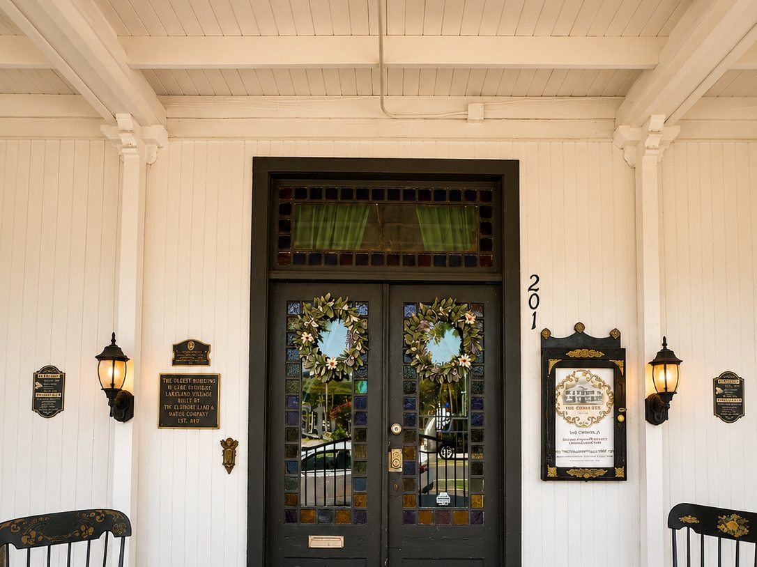 The historic stained-glass front entrance of The Crescent House at 201 W. Graham Ave